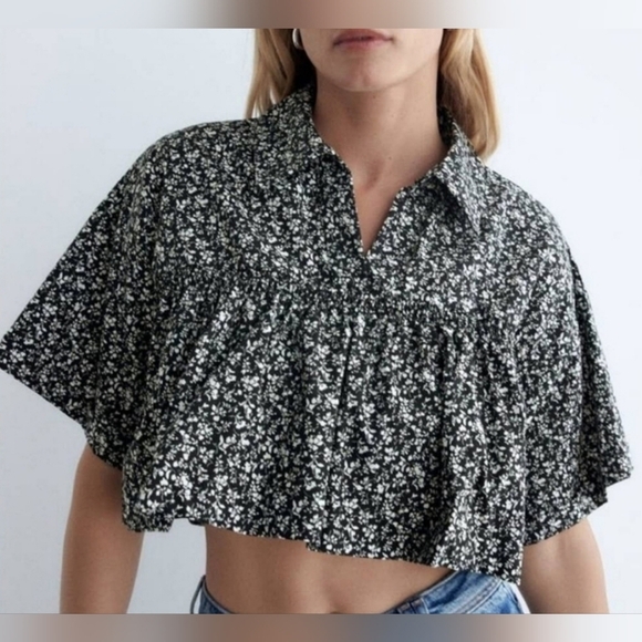 Zara Black White Floral Babydoll Crop Top MEDIUM - Picture 1 of 10